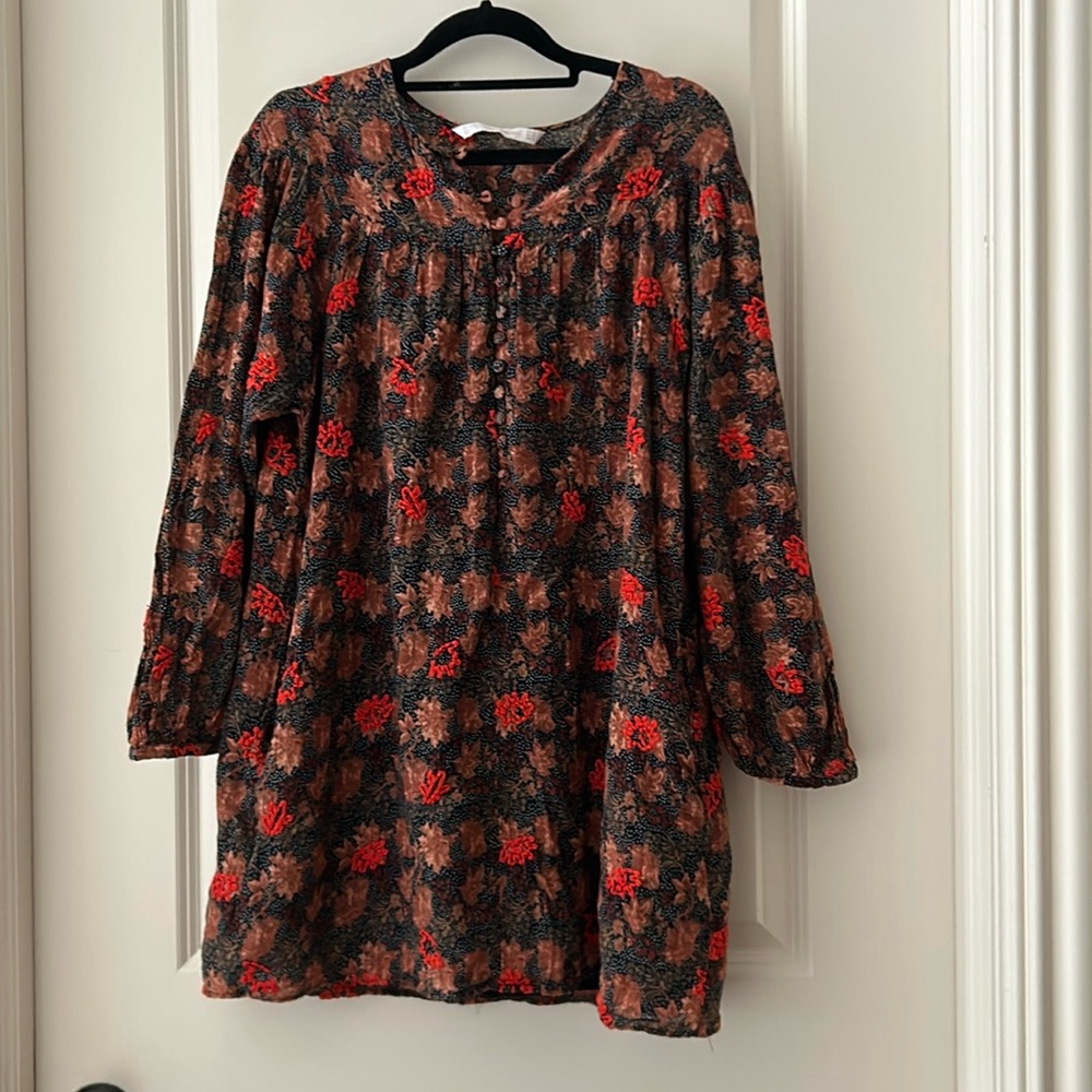 Zara Embroidered floral Baby Doll mini Dress lined pockets long sleeves size XS